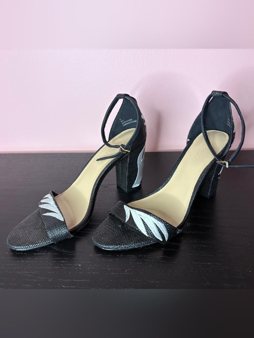 Black Ankle-Strap Block Heel Sandals with Silver Leaf Detail